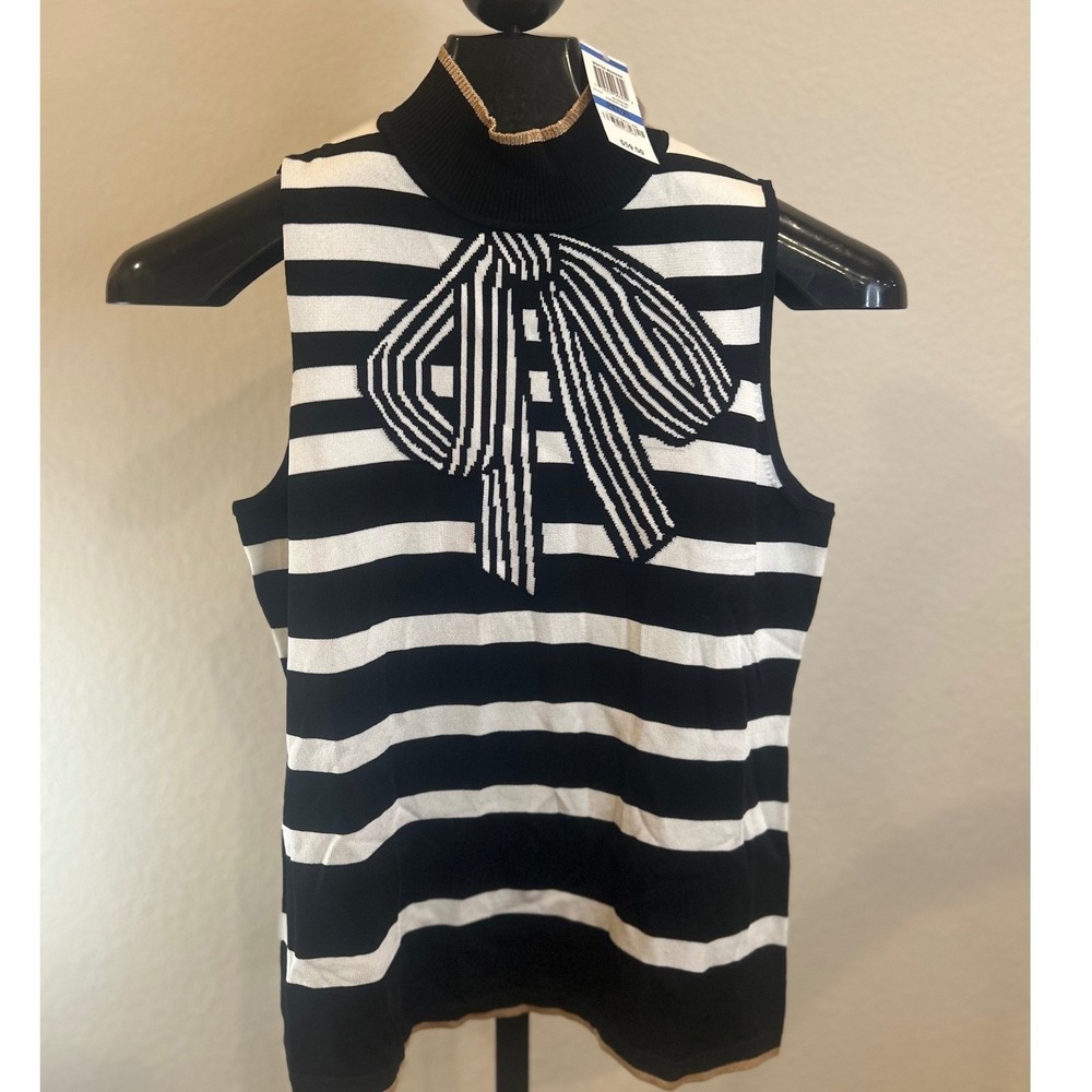 INC International Concepts Striped Parisian Bow Mock Neck Top Black White PXL